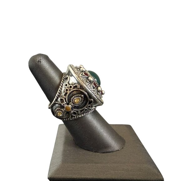 Lucky Brand Statement Ring Size 7 Silver Tone Faux Stones Intricate Design - Picture 12 of 13
